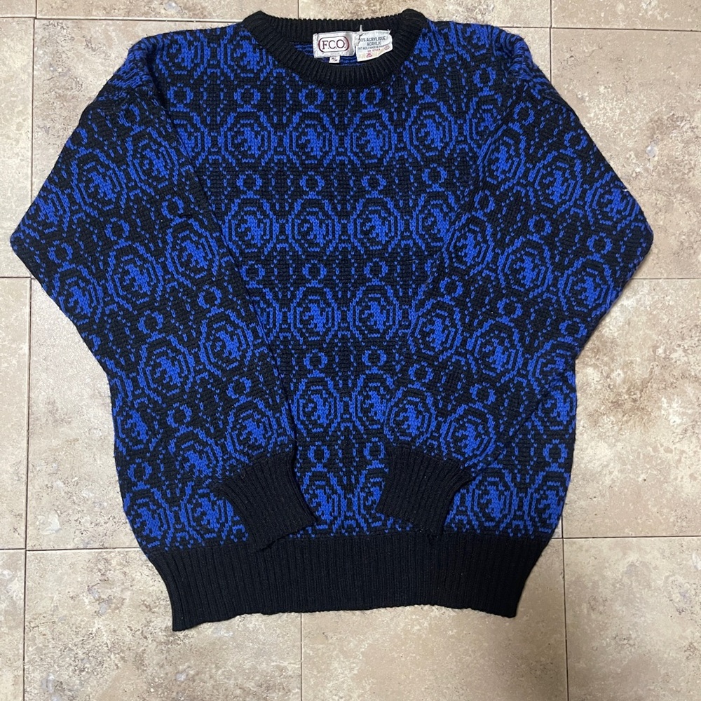 Men's Crewneck Sweater in Blue and Black Pattern